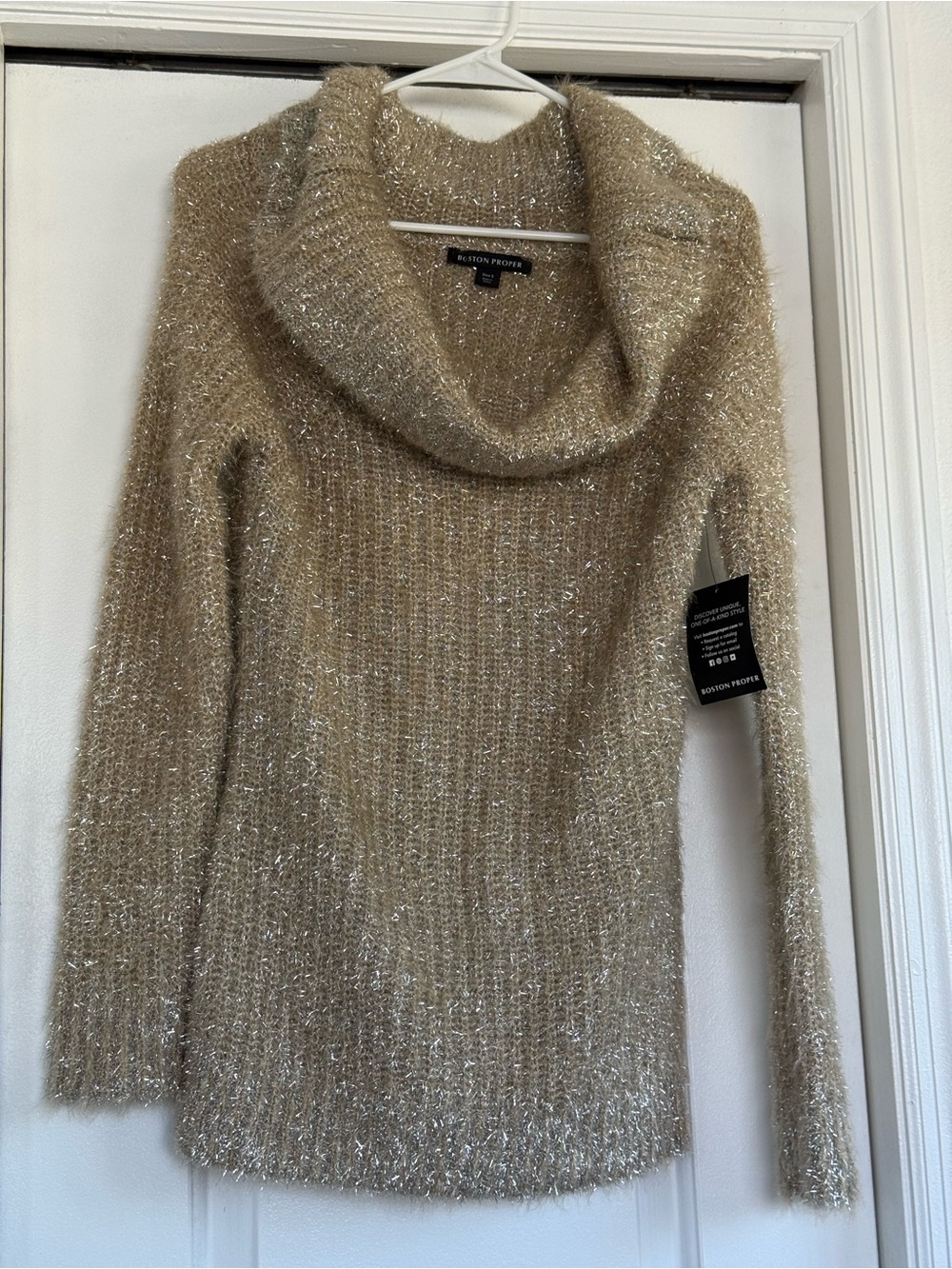 Boston Proper Metallic Champagne Cowl Neck Sweater